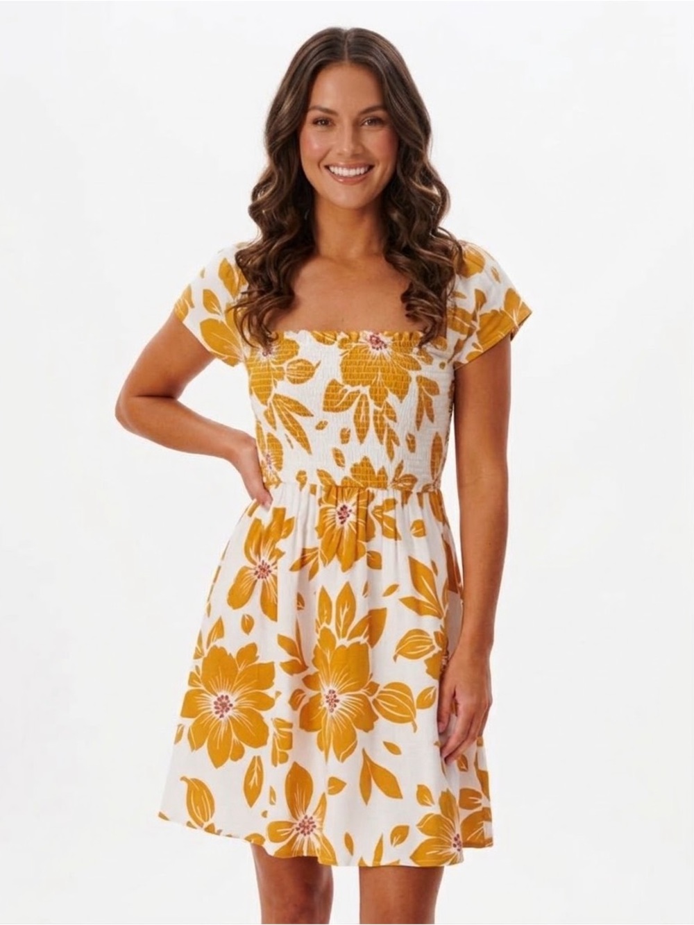 Rip Curl Azalea White Mini Dress in Gold Floral Print